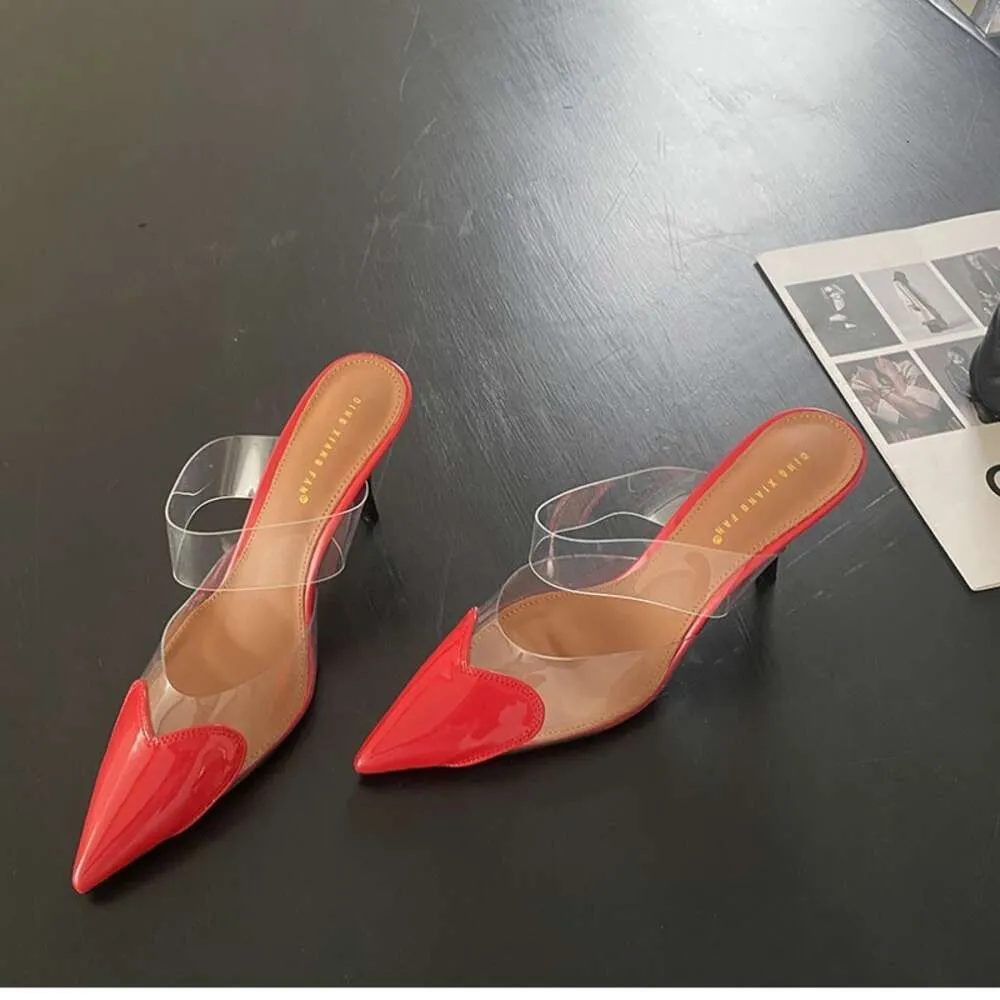 CHMURY Pointed Toe Heart High Heels Mules Sandals Slipper For Women 2024 Black White Red Shoes
