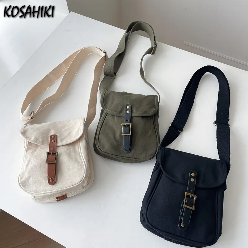 Japanese Korean Vintage Casual Canvas Crossbody Bag Streetwear Women Simple Handbags Fashion All Match Y2k Shoulder Bags Trendy 240824