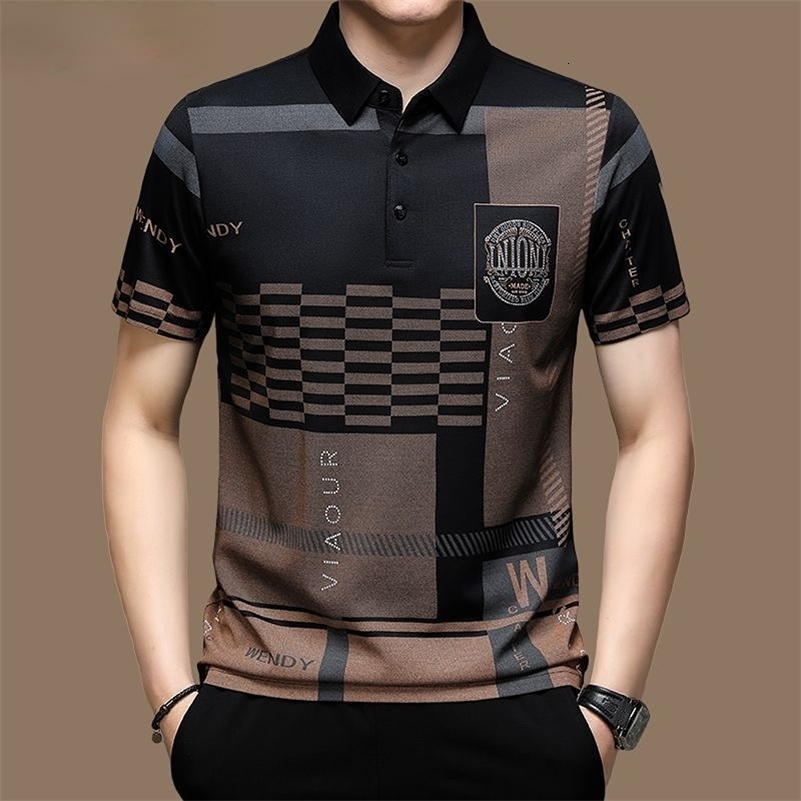 Mens Polo Shirt Business Casual Summer Short Sleeves Tops Pattern Print Button T Shirt Loose Clothes Fashion Polo T Shirt 240824