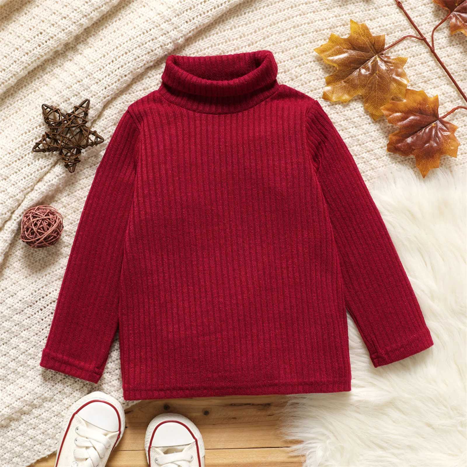Preschool Girl Turtle Neck Ribbon Solid Color Long Sleeve Sweater Soft and Comfortable Perfect for Outdoor and Daily WearingW240824