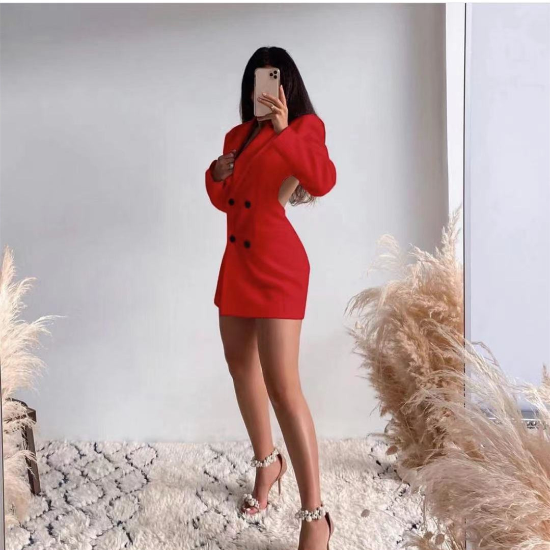 Women's Clothing Sexy Backless Double-Breasted Blazer Dress Women's Casual Wear White Red Black