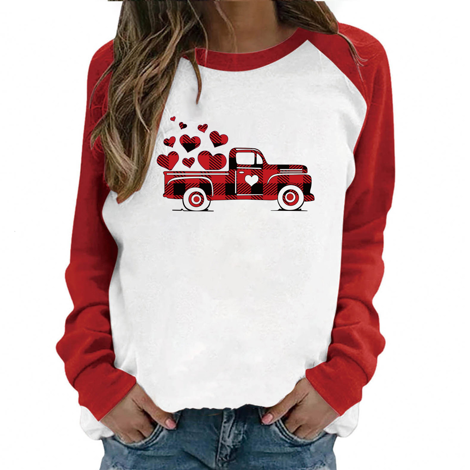 Autumn New Women's Top with Shoulder Insertion Valentine's Day Love Truck Long Sleeve T-shirt dongdumaoyi