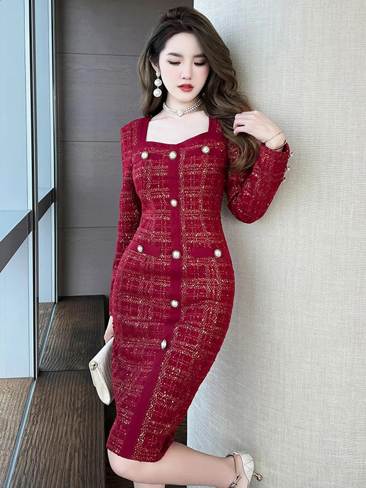 Elegant Midi Dresses for Women Tweed Plaid Square Collar Long Sleeve Slim Bodycon Robe Femme Party Office Vestidos 240824