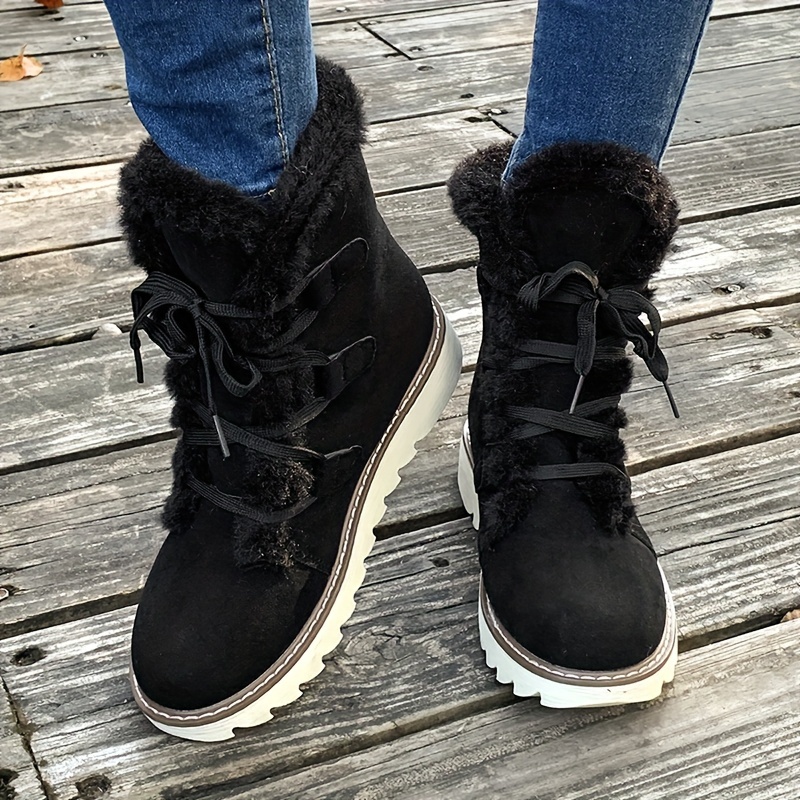 Women's Plush Lined Snow Boots, Solid Color Lace Up Outdoor Anti-Slip Boots, Winter Thermal Outdoor Mid Calf Boots
