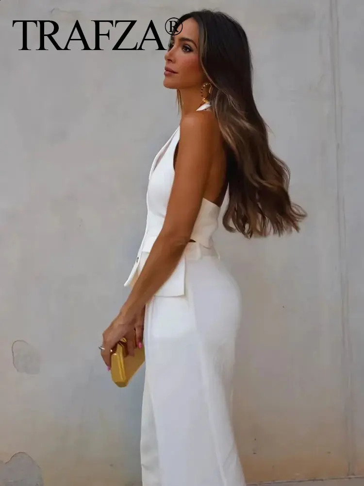 Women Fashion Solid Pant Suit Halter Single Breasted Sleeveless Blazer Vest Top Zipper Fly Trousers Office Lady Sets