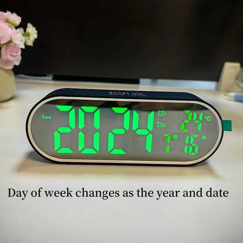 Rechargeable Digital Alarm Clock TEMP Date Week 2 Alarms Night Mode Snooze 12/24H Anti-disturb Voice Control LED Mirror ClockXJ240824