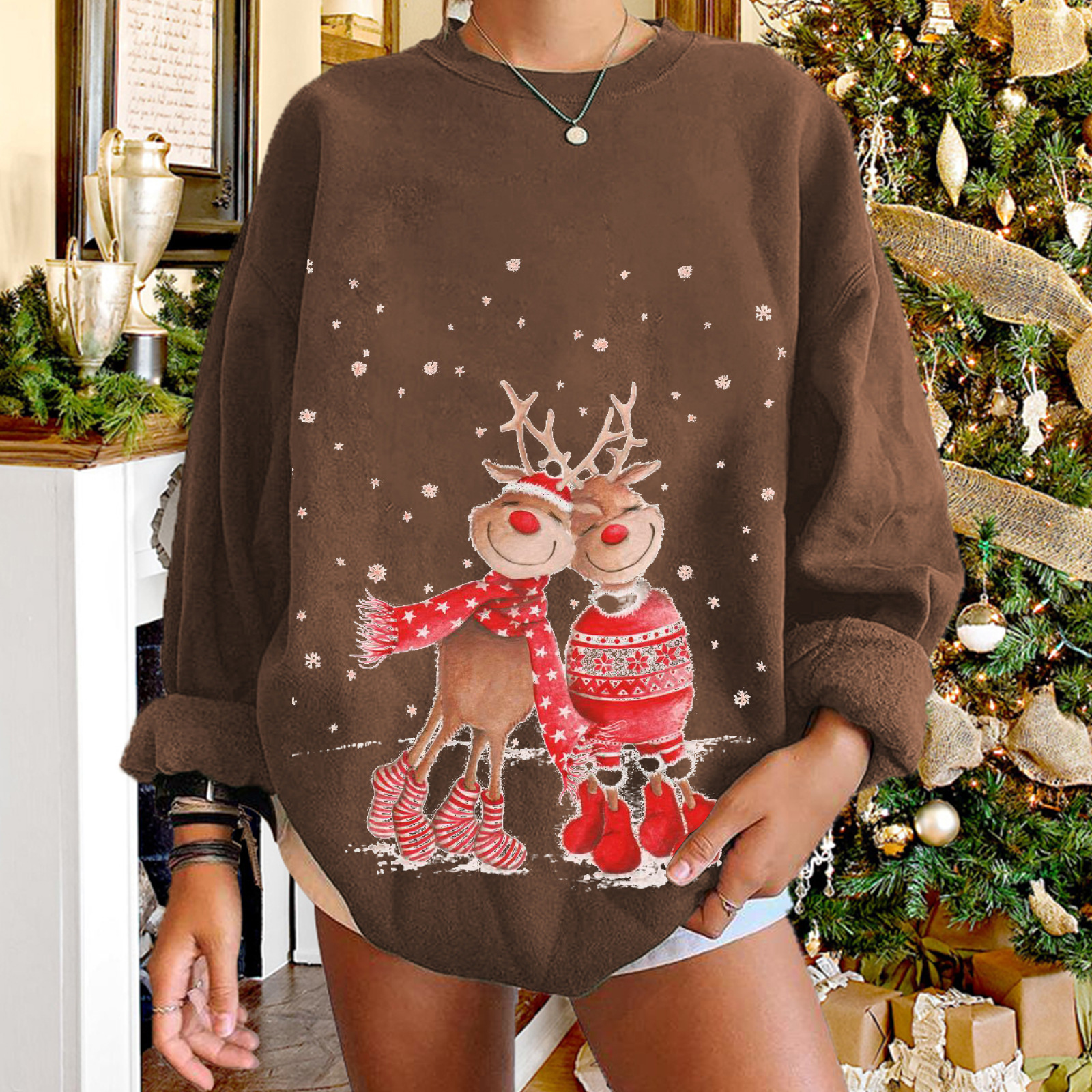 cute reindeer hoodies with printed women's shoulder down, plus size round neck fleece hoodie for women dongdumaoyi