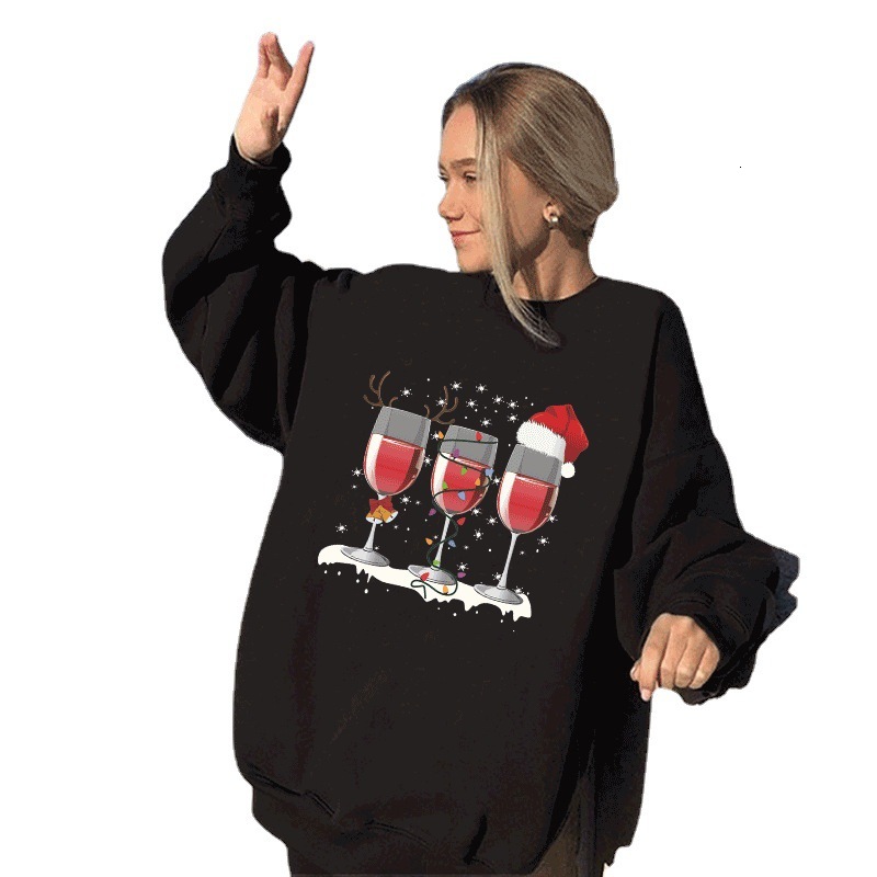 new women's three glass printed shoulder down round neck fleece pullover hoodie dongdumaoyi
