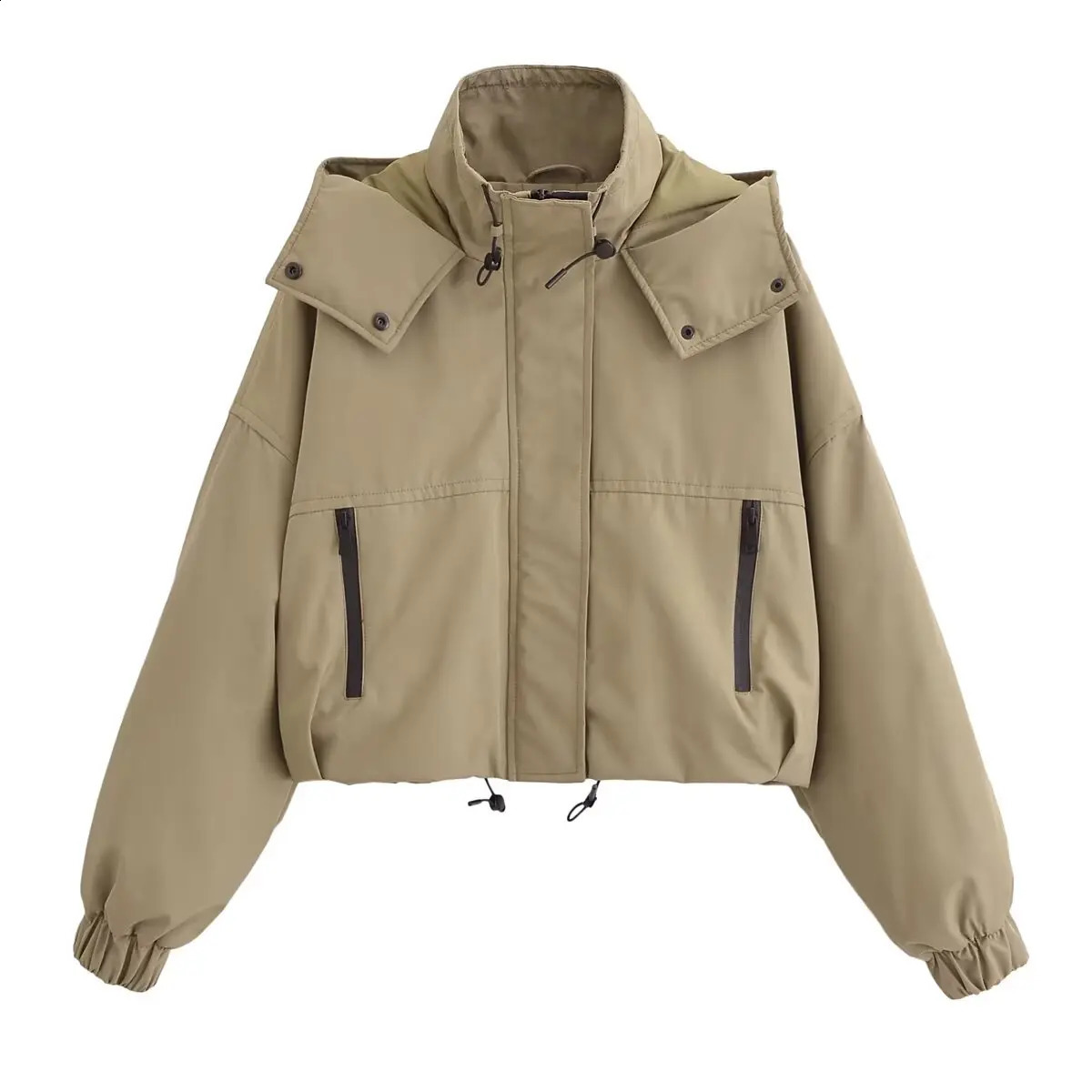 autumn womens clothing European and American style workwear hooded long sleeved zipper short sleeved cotton jacket 240826