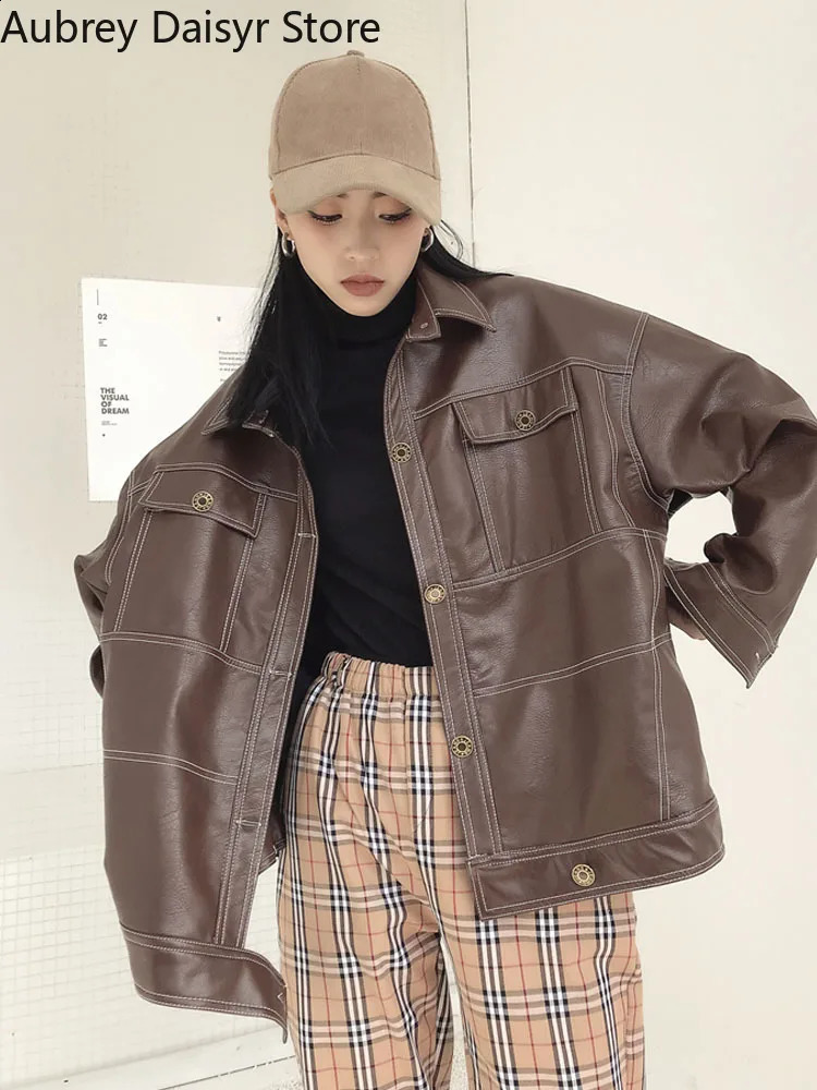 Korean Black Leather Jacket Women Streetwear Harajuku Loose Moto Jacket Women Vintage High Street Punk Outerwear Biker Coat 240824