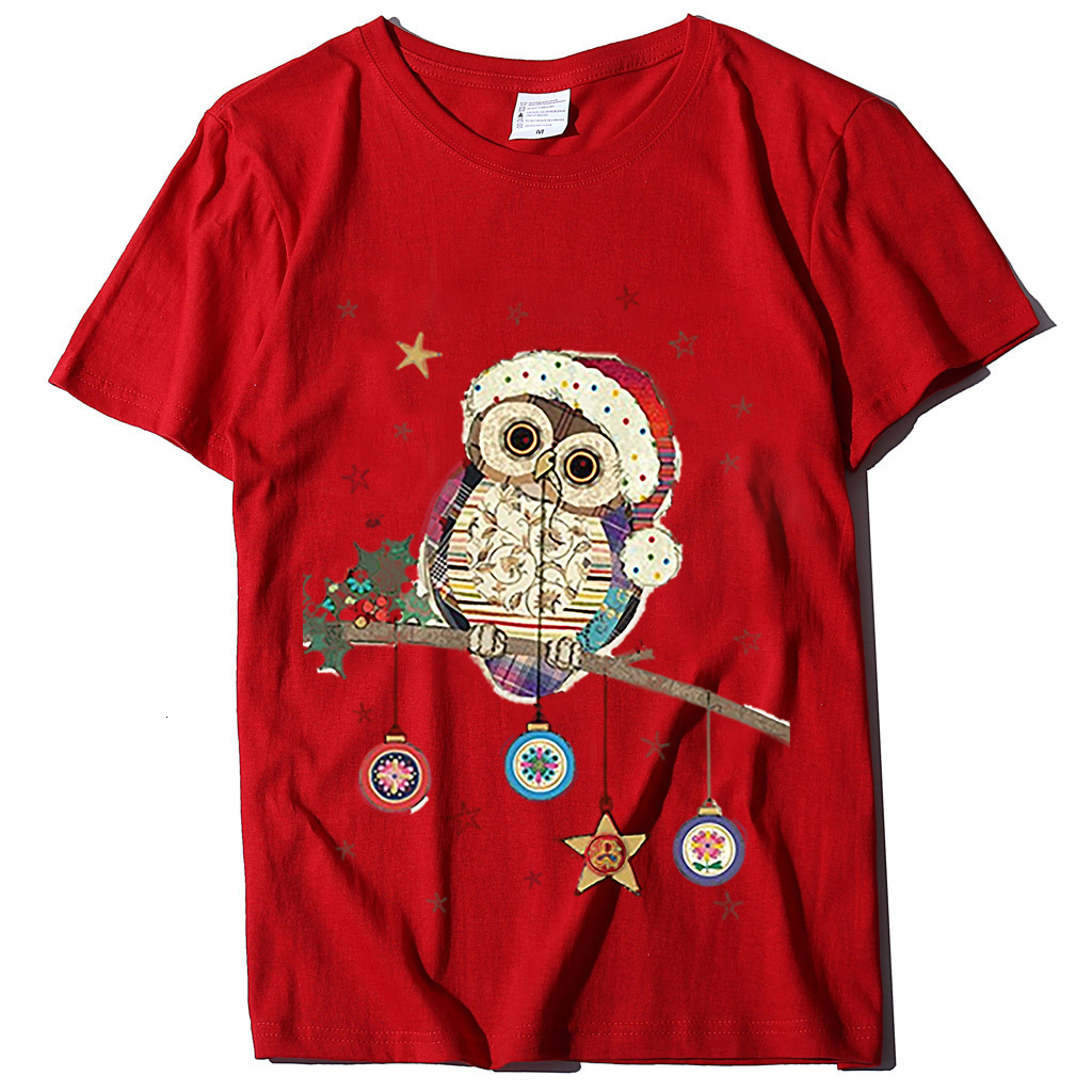 Short T-shirt for women, European size owl print T-shirt, round neck Christmas short sleeved shirt dongdumaoyi