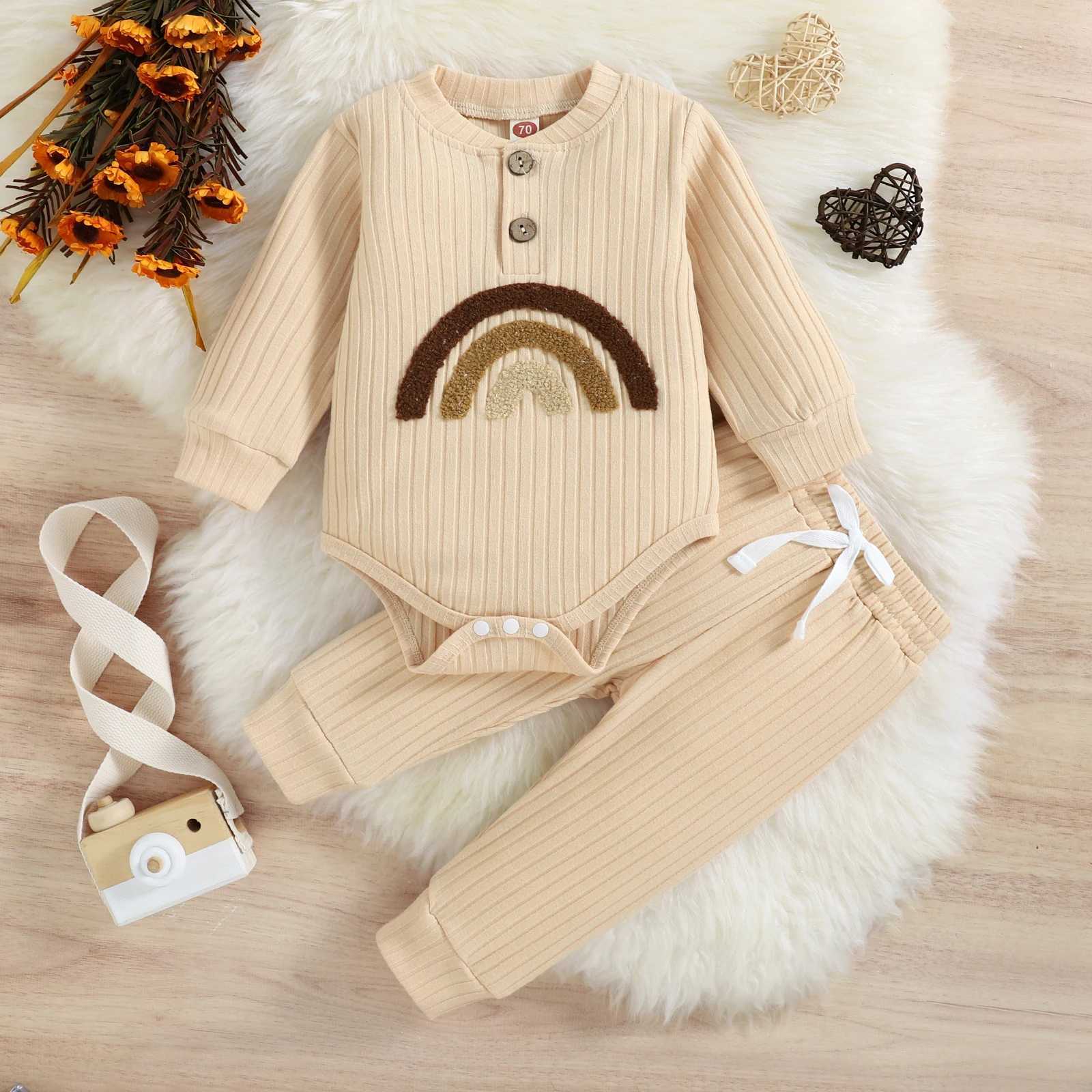 2PCS Autumn Boys and Baby Age 0-2 Two Color Towel Embroidered Rainbow Long Sleeve Set+Solid Color Pants Set W240824