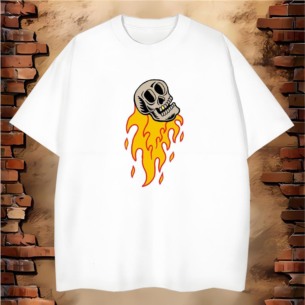 Unisex T-Shirts for Men 230g Pure Cotton skull Casual Daily Wear Plus Size Cartoon Breathable Crew Neck Men Clothes T-Shirt Classic Casual Tops Shirt