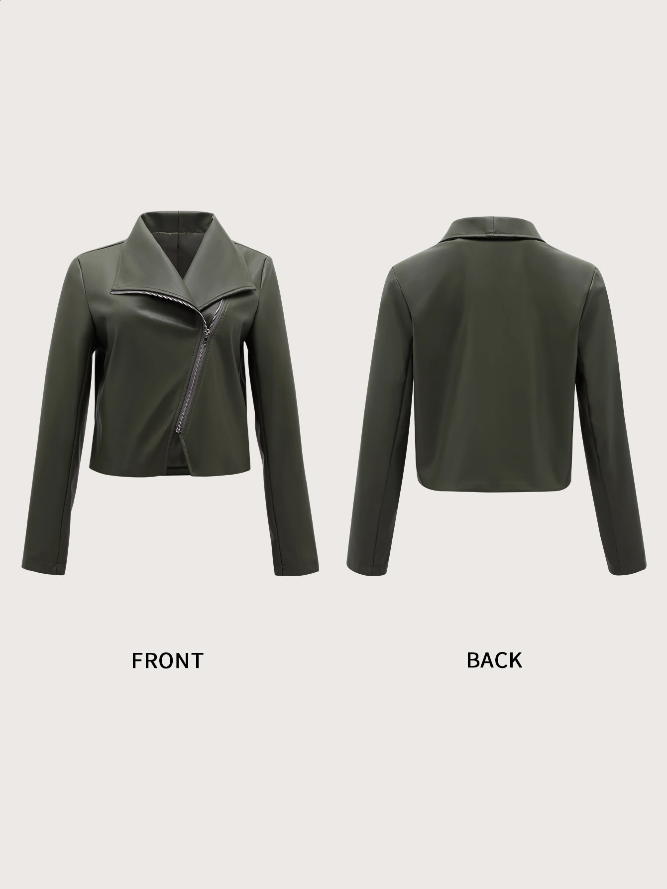 Fashionable womens earth green artificial PU leather jacket casual womens lapel zipper short leather jacket street motorcycle jacket 240827