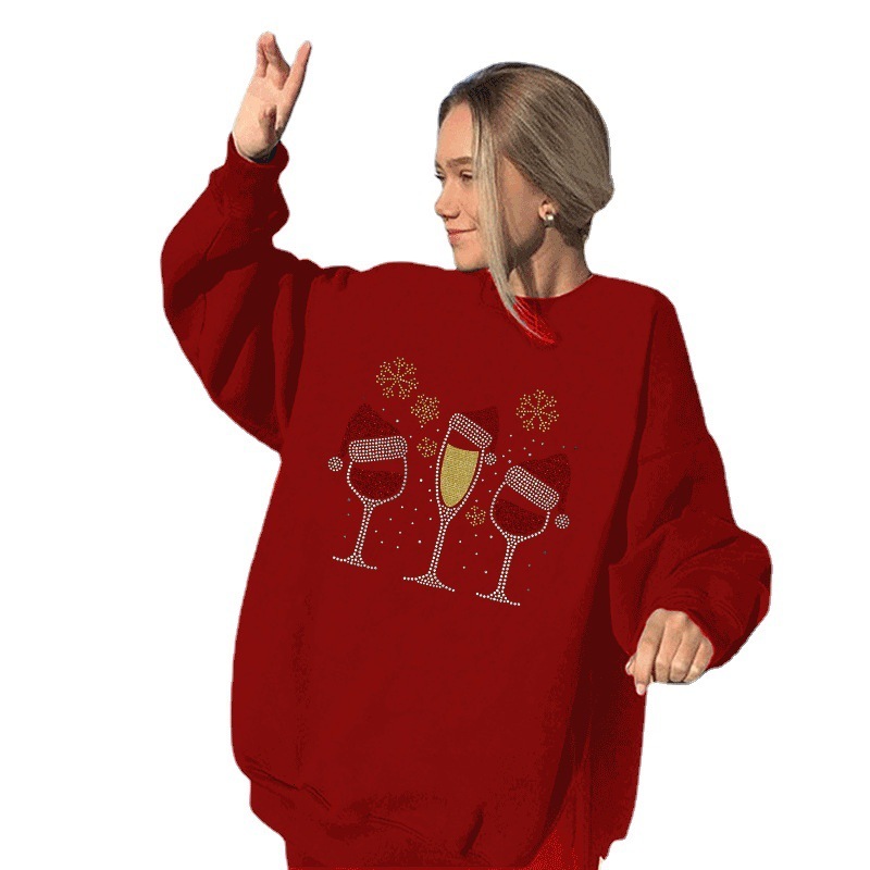 New women's with European size wine glass print round neck shoulder down sweatshirt dongdumaoyi