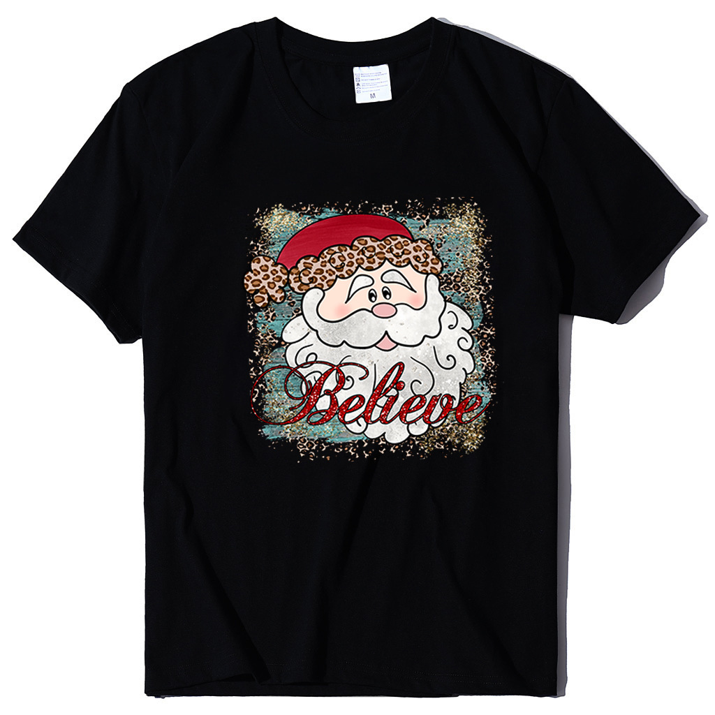 New Believe Pattern Printed Casual Short Sleeve Christmas Women's T-shirt Round Neck dongdumaoyi