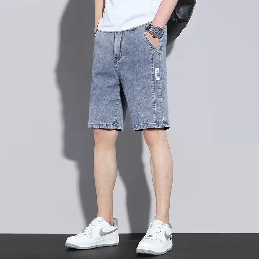 Summer Straight Hole Elastic Casual Denim Shorts Men Embroidery Print Patchwork Button Pocket Zipper Versatile Five-Point Pants 240824