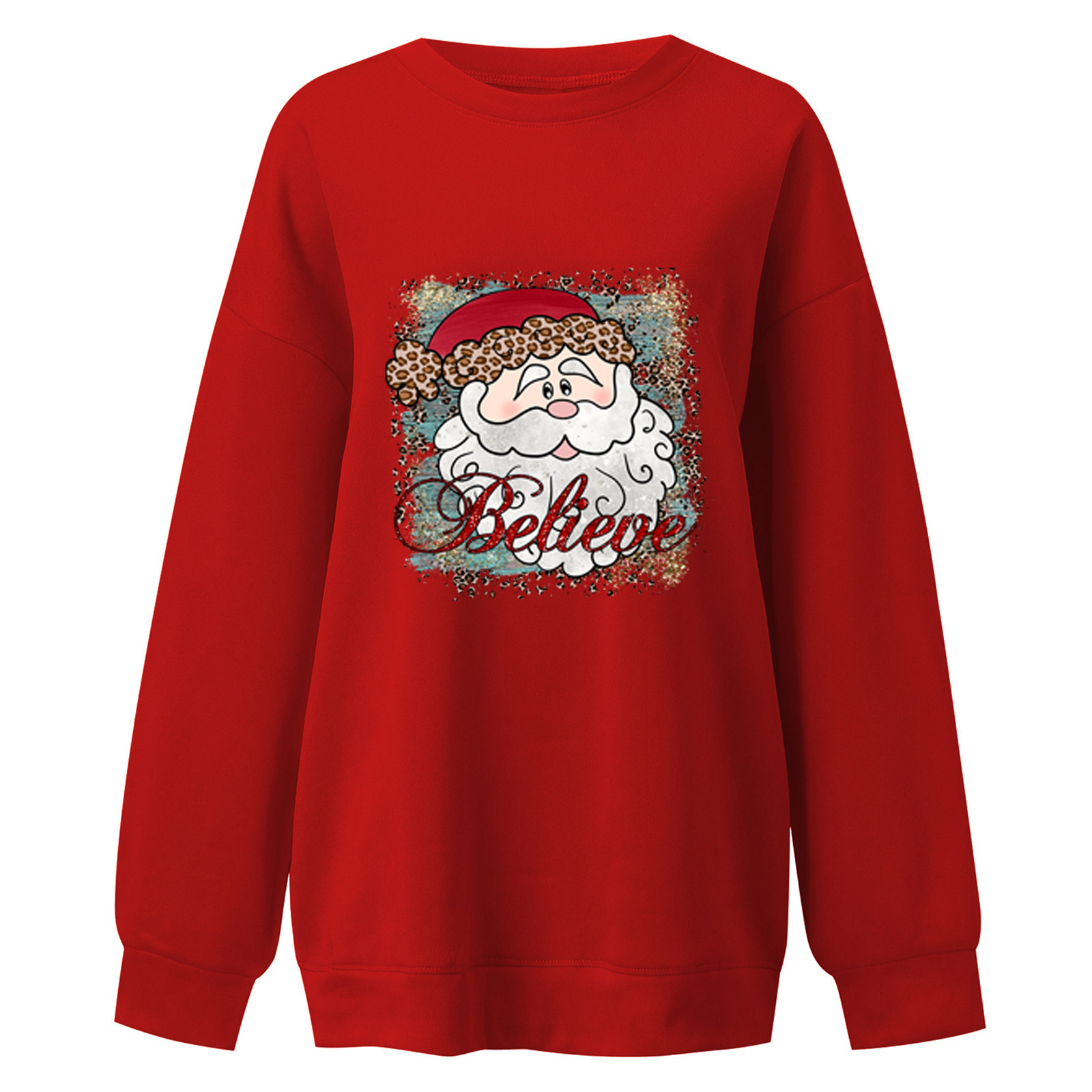 New plus size with believe pattern print and shoulder drop Christmas women's hoodie round neck dongdumaoyi