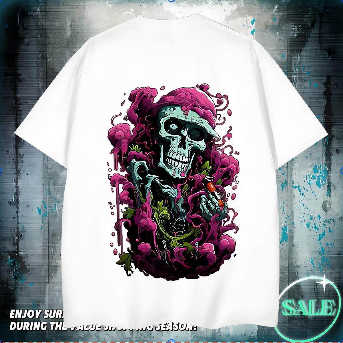 Free Shipping Man T Shirts 230g Pure Cotton skull Sports Casual Cartoon Printing L-4XL Breathable Crew Neck Couples T Shirts New Designer Tees