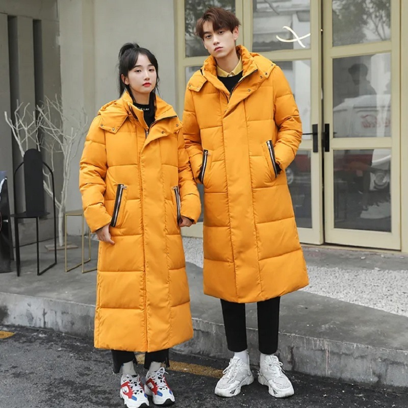 New Down and Cotton Jacket for Men Long Length Over the Knee Thick Plus Size Couple Hooded Slim Fit Extra Long Jacket Cool and Trendy