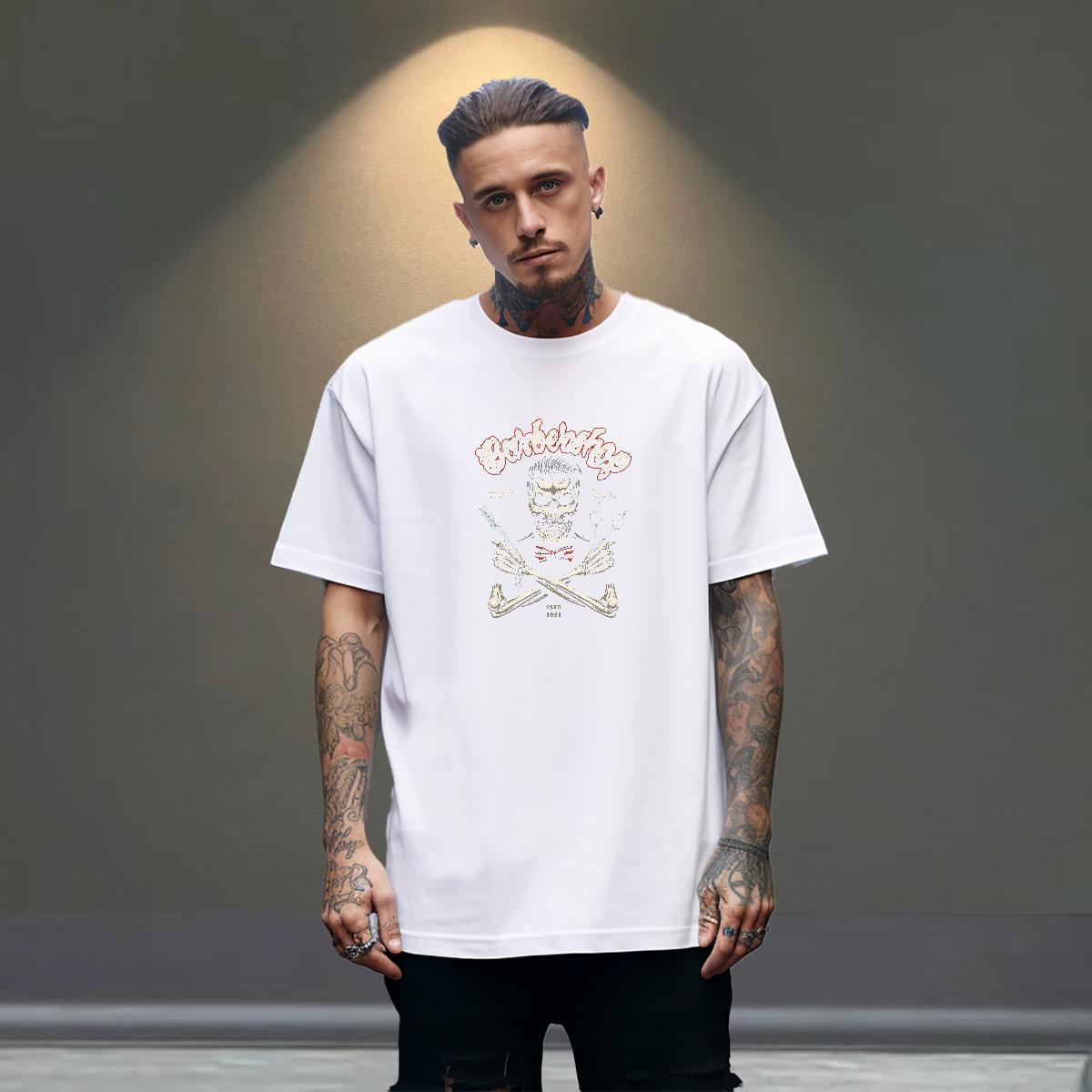 Loose Fit Men T Shirts 100% Cotton 230g skull Hip Hop Floral Print Short Sleeve Soft Couples T Shirts Classic Casual Polos