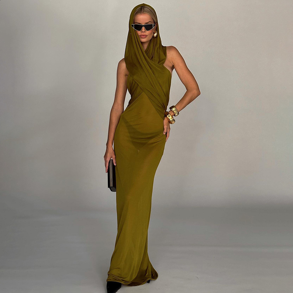 2024 temperament womens hooded hanging neck ginger yellow backless sexy spicy girl mesh long skirt summer dress new style 230617