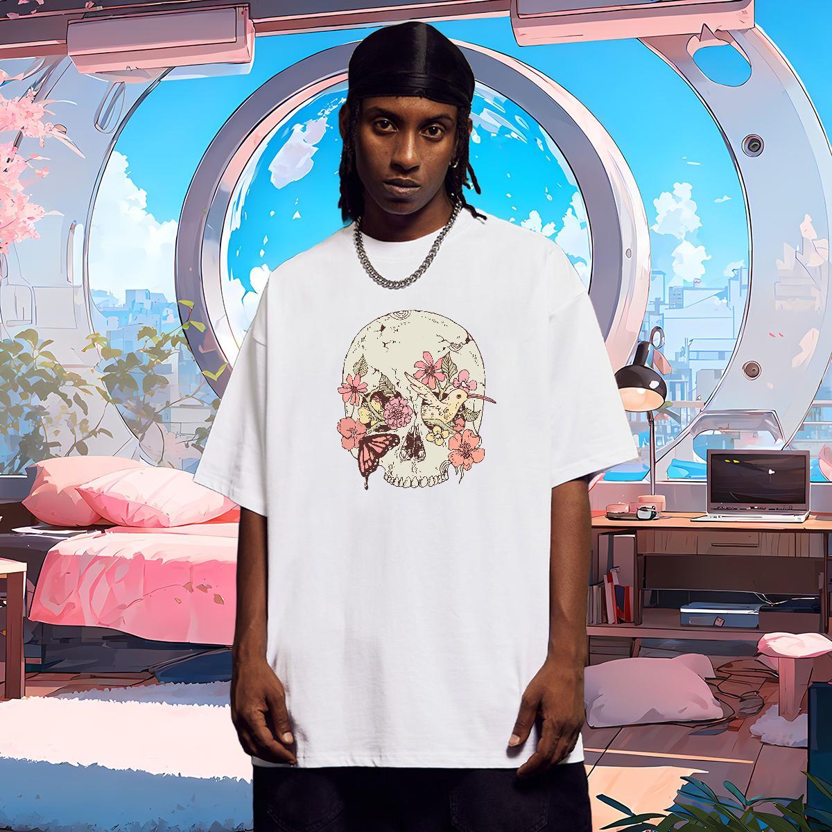 Unisex T shirt 230g Pure Cotton skull High Street Hip Hop DIY Short Sleeve O-Neck Men Tshirts Classic Tees Shirts