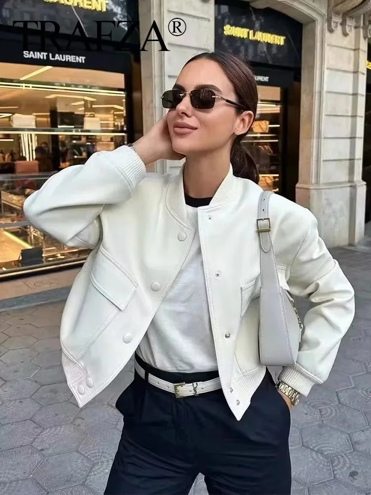 TRAFZA Womens Elegant White Coat Long Sleeve Button Bomber Jacket Fashion Casual Solid Office Y2K 240826