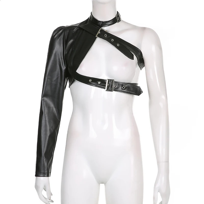Womens Fashion Punk Style Crop Top Cool Single Sleeve Collar Hanger Belt Connection Top 240827