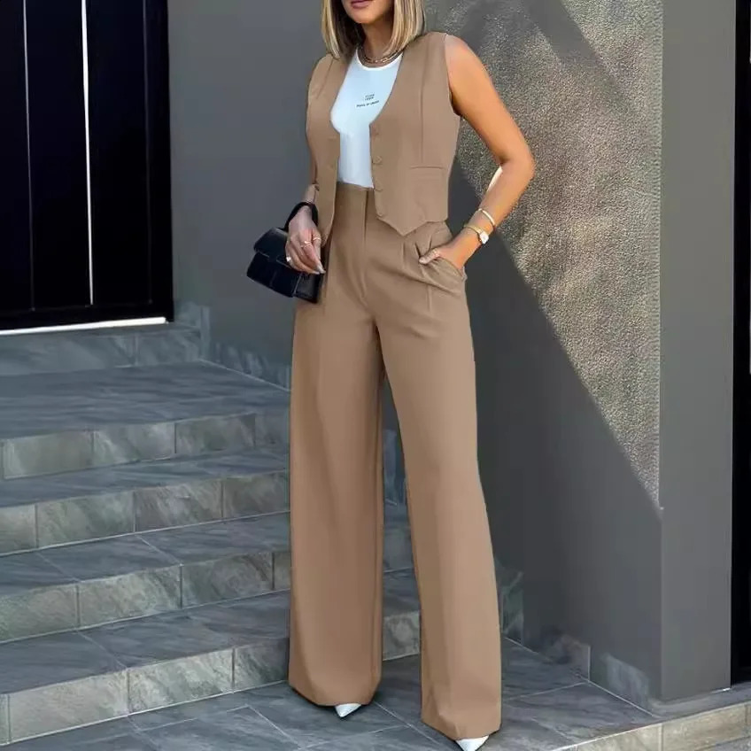 Women OL Blazer Pant Sets 2 Pieces Casual Slim Notched Cardigan Blazer Waistcoat High Elastic Pocket Wide Leg Trousers Suits 240826