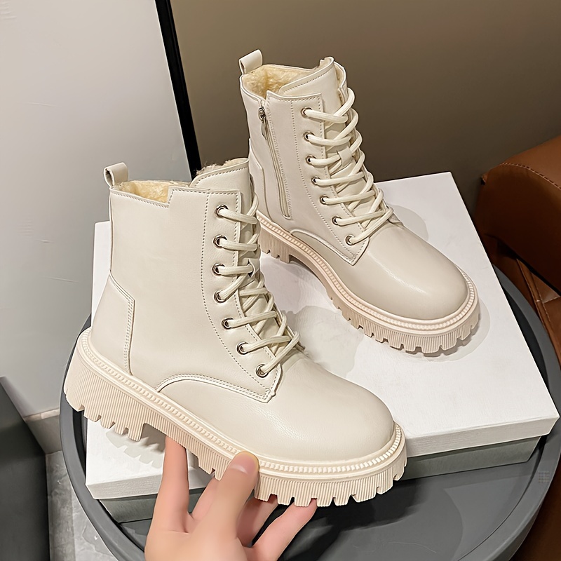 Women's Chic Fluffy Combat Martin Ankle Boots Round Toe Warm Lined, Mid Heel with Non-Slip Sole for Winter Snow boots