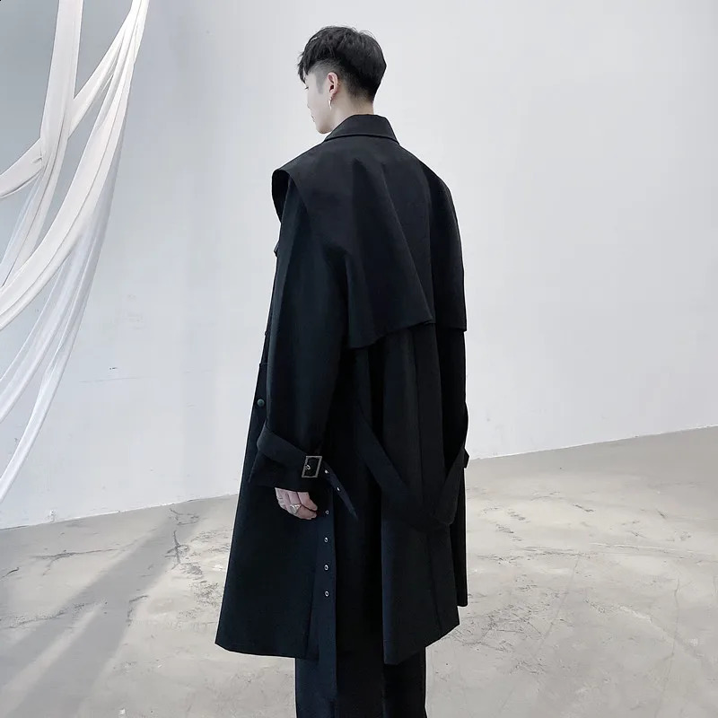Men Functional Style Strap Casual Loose Trench Coat Male Japan Harajuku Streetwear Long Trench Jacket Windbreaker Outerwear 240826