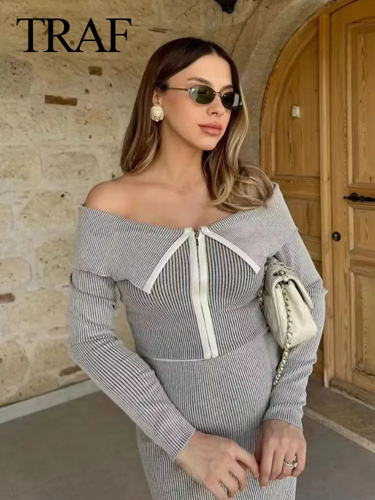 TRAF Spring Fashion Womens Cardigan Turn-Down Collar Long Sleeves Zipper Female Chic Sweater Wild Casual Woman Short Top 240826