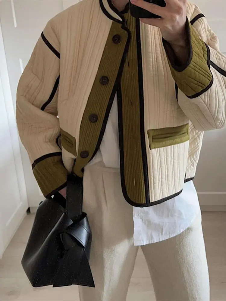 Women Fashion Single Breasted Contrast Jacket Stand Collar Pocket Long Sleeve Coats 2024 Chic Autumn Casual Lady Outerwear 240826