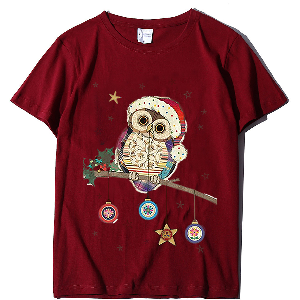 Short T-shirt for women, European size owl print T-shirt, round neck Christmas short sleeved shirt dongdumaoyi