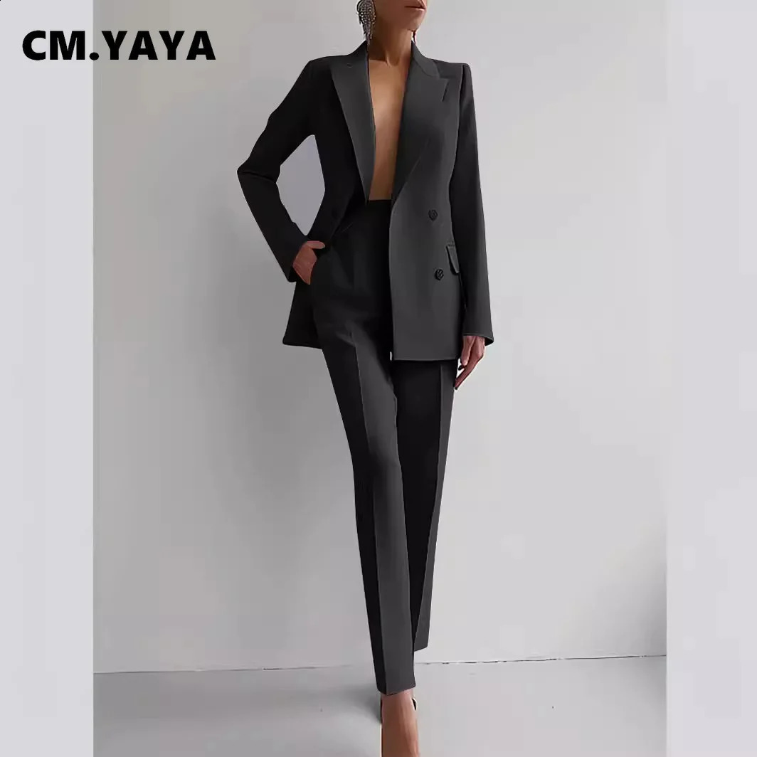 CM.YAYA Elegant Blazer Suit and Wide Leg Pants Two 2 Piece Sets Outfits Women Classic OL Work Street Outfit Tracksuit 240826