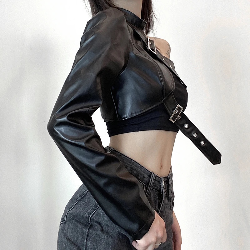 Womens Fashion Punk Style Crop Top Cool Single Sleeve Collar Hanger Belt Connection Top 240827