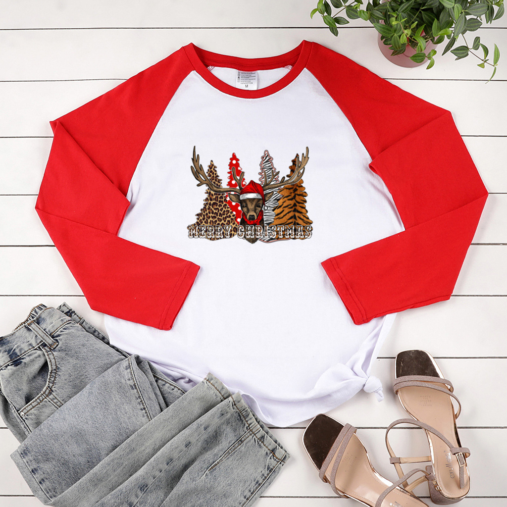 New autumn long sleeved leopard forest elk print shoulder length two-color top dongdumaoyi