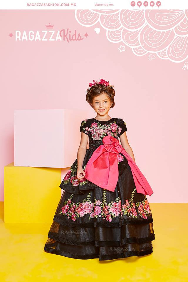 Black Mini Quinceanera Dresses Ball Gown Cap Sleeves Tulle Appliques Bow Long Flower Girl Dresses For Weddings Mexican Charro Pageant Dresses Baby