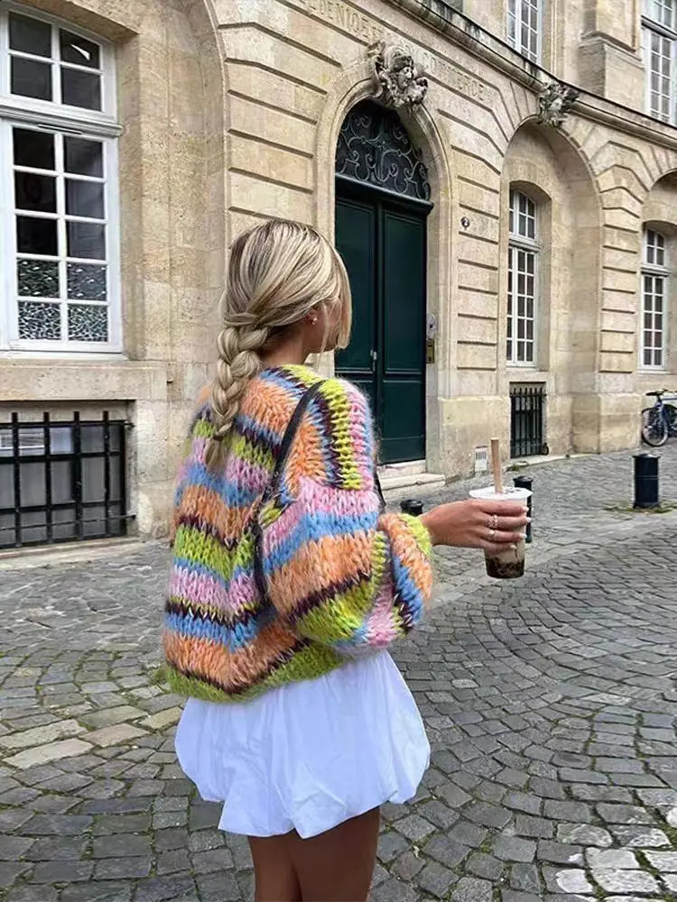 striped long sleeved rainbow plaid heavy handmade versatile cardigan sweater knitted sweater 240824