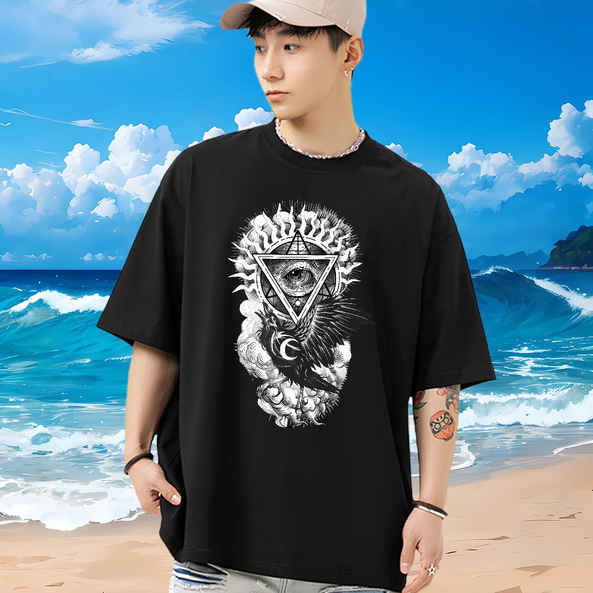 High Quality T Shirts Men 230g Pure Cotton eye of the devil Street wear Hip Hop DIY Printed Crew Neck Breathable Mens Tshirts Casual New Top Tees