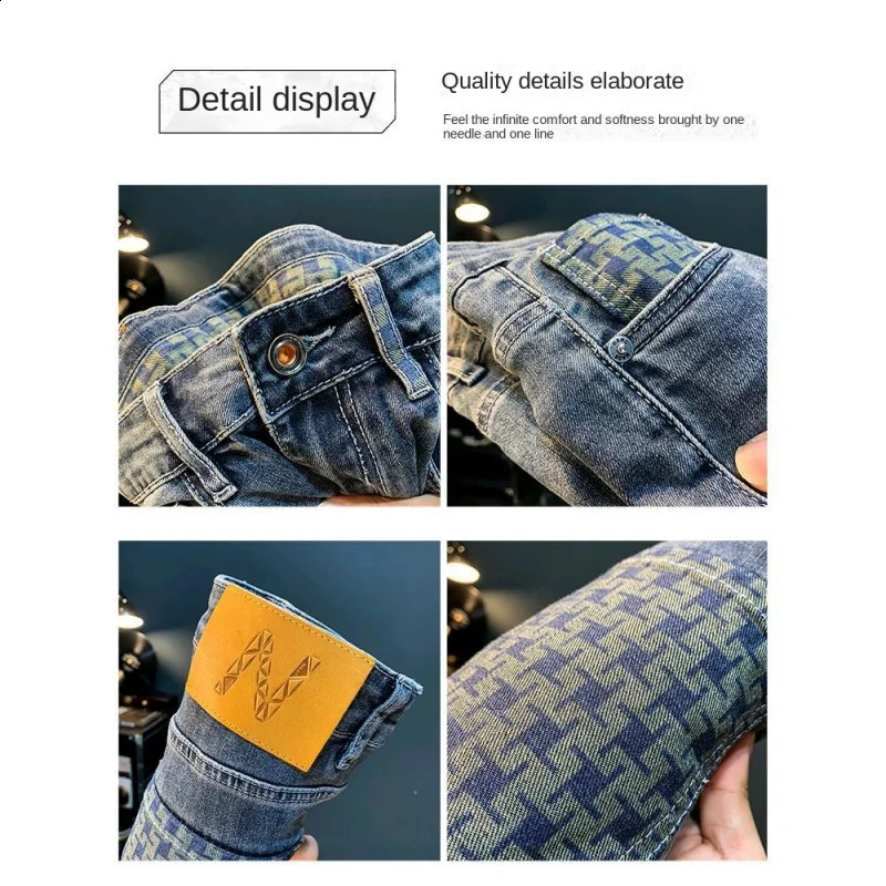 jeans MENS trendy inner full print casual straight leg fashion slim fit high end light washed street denim pant 240824