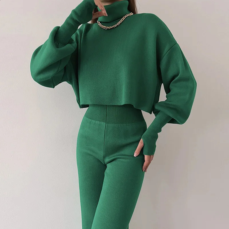 Autumn Winter Solid Ribbed Knitted Set Women Casual Turtleneck Pullover Pants Homewear Suit Retro Two Piece Outfits with Glove 240826