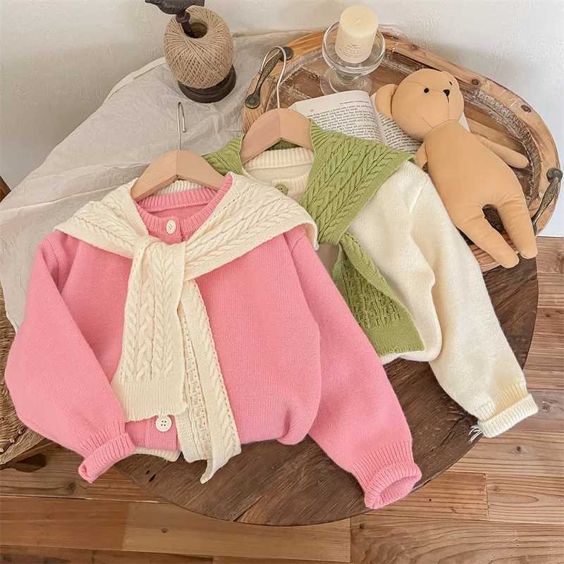 2024 Autumn Winter Baby Girls Knitted Cotton Knitted Solid Long Sleeve Preschool Girls Sweater with Cloak Childrens Girls CardiganW240824