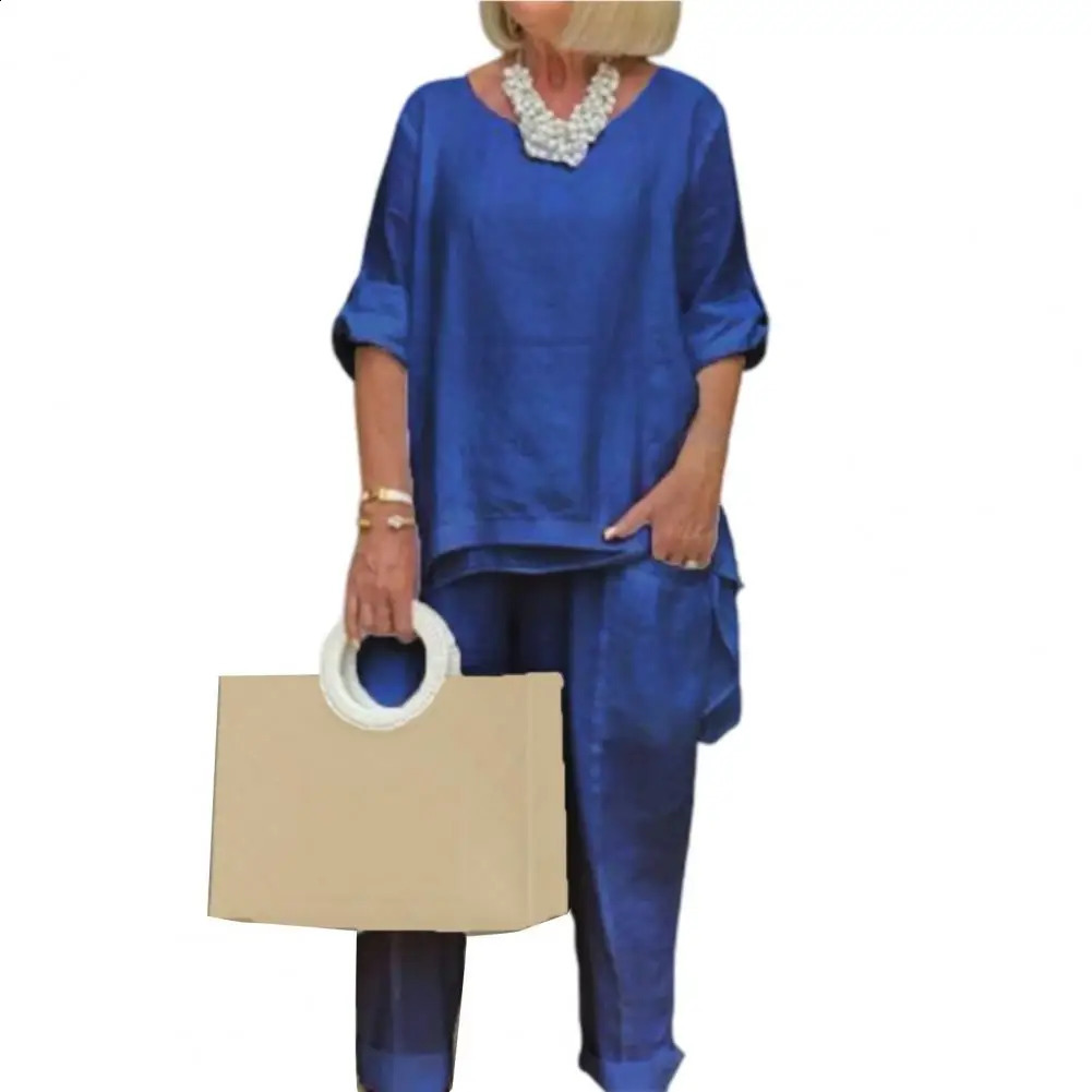 Two Piece Women Set Linen T-shirt Pants Solid Color Irregular Hem Elegant Suit Loose Women Outfit Summer 240826