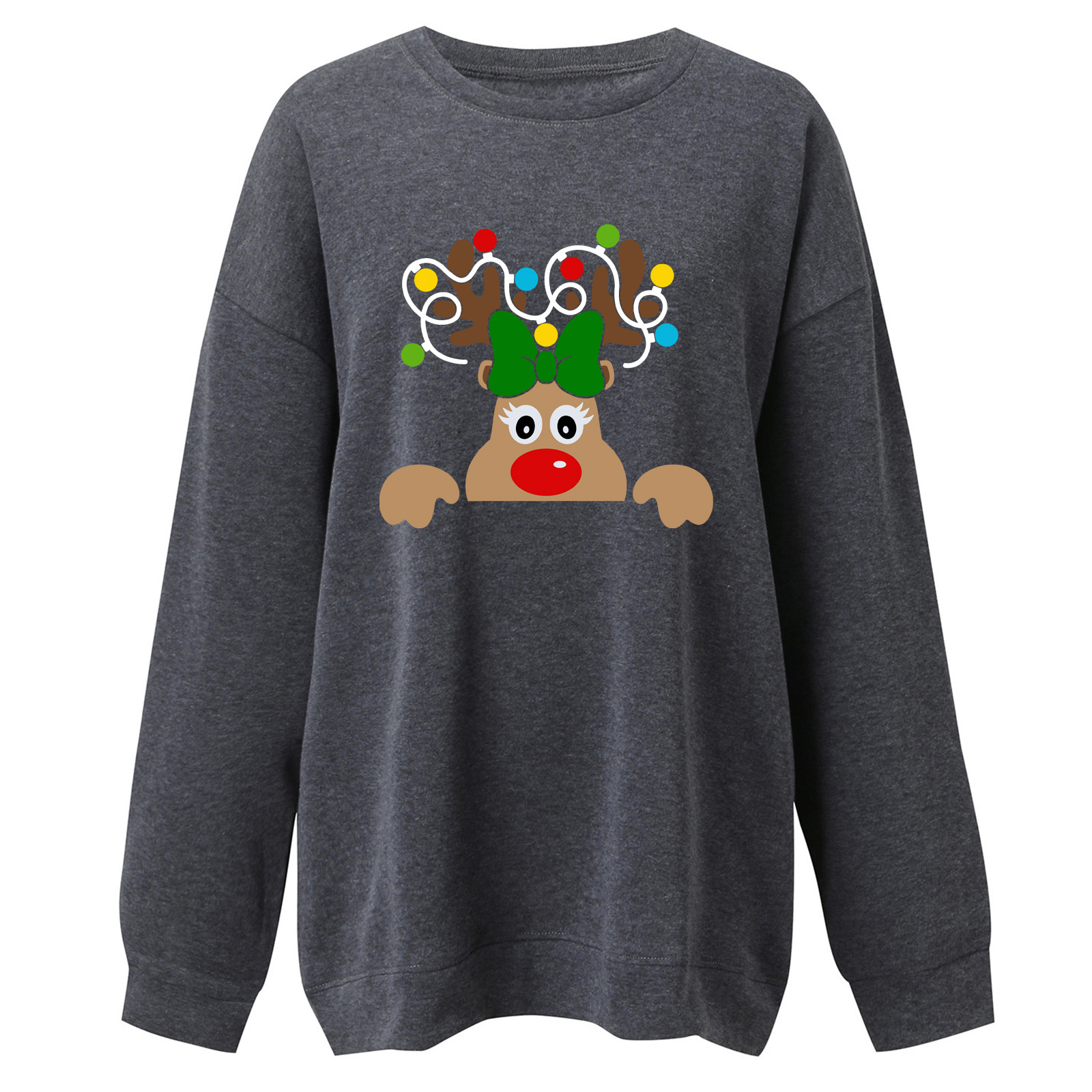 Elk Pattern Printed Women's Long Sleeve Large Size Fleece Falling Shoulder Rainbow Christmas Hoodie dongdumaoyi