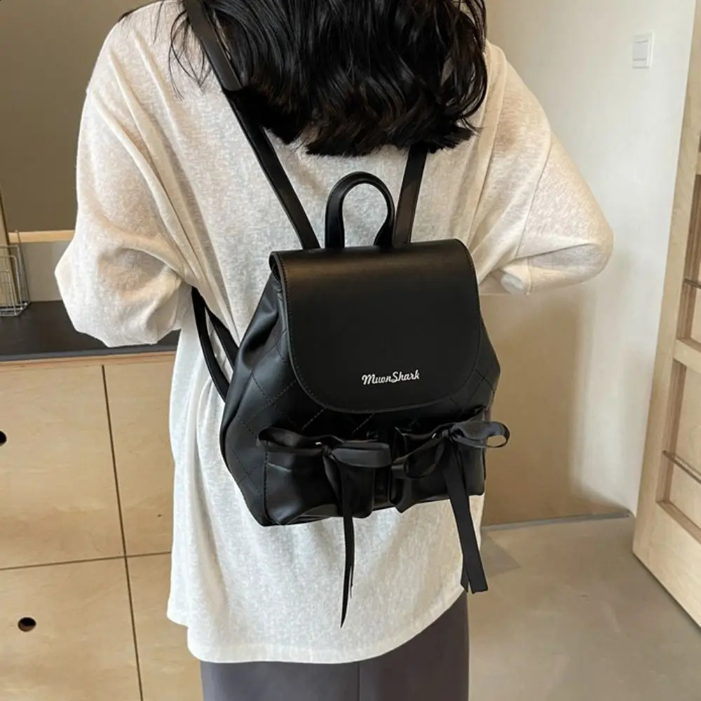 Korean style bow backpack ballet style double bow nylon drawstring Knapsack large capacity solid color Y2k school bag 240912