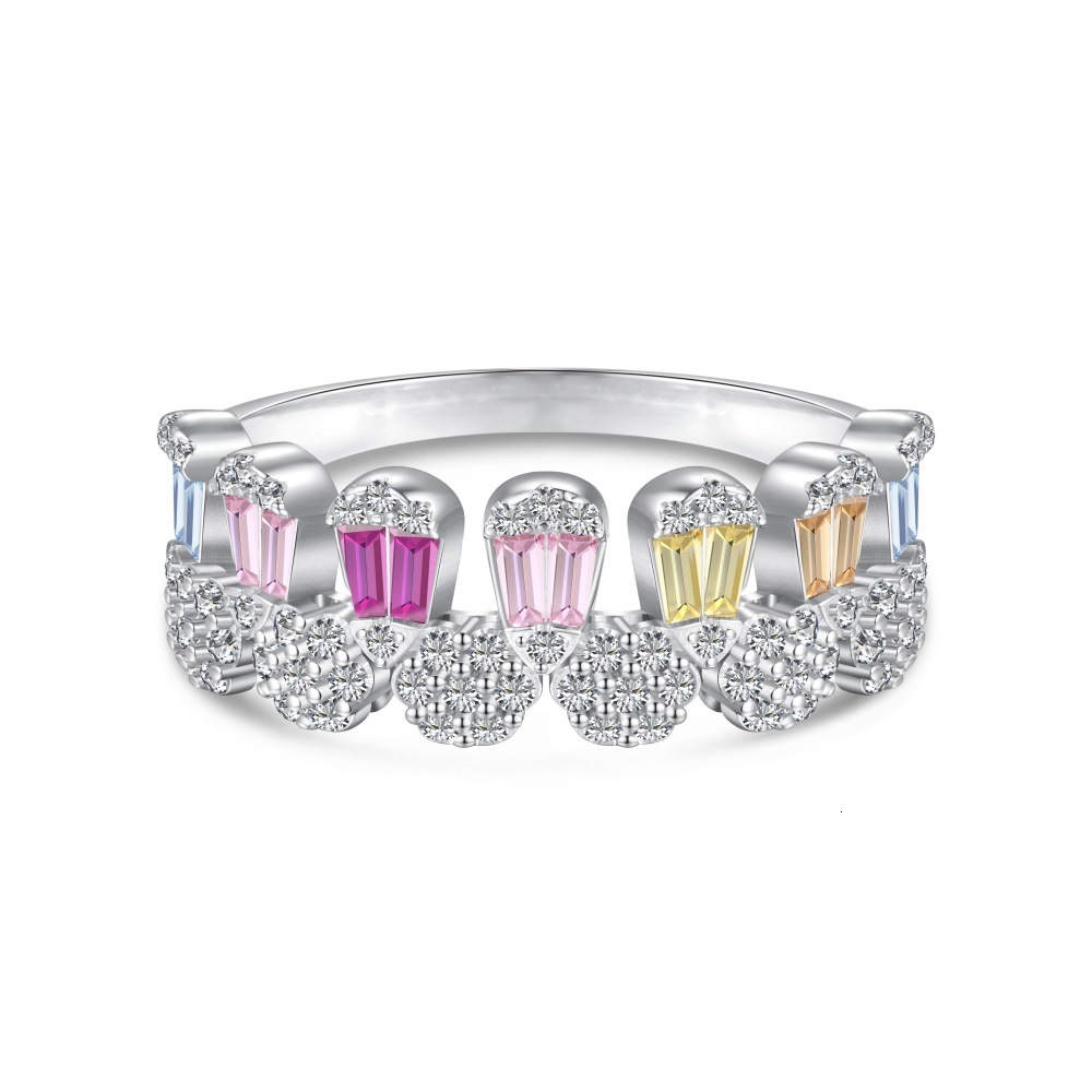 Japanese Korean Light New S Pure Sier Ring Colored Zirconia Inlaid Sweet and Beautiful Color Series Geometric Design Women's Handicraft
