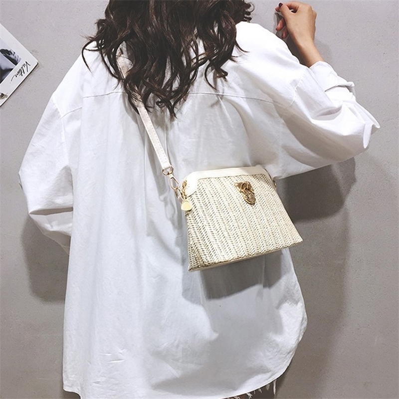 Korean Straw Shoulder Bag Shell Woven Messenger Travel Crossbody Handbags 240824Z