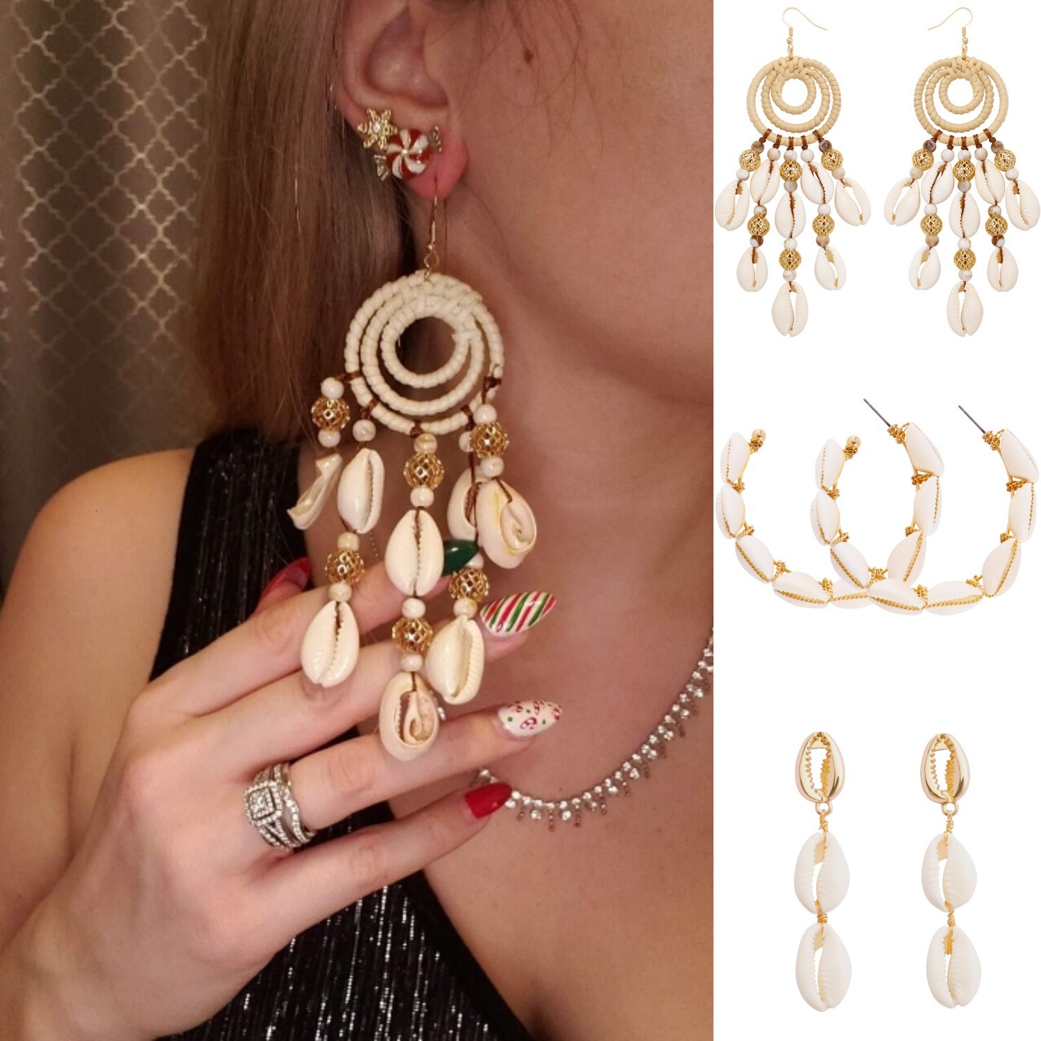 Earrings Bohemian beach vacation style shell bead pendant earrings